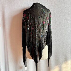 Black Rayon Beaded Embroidered Fringed Shawl